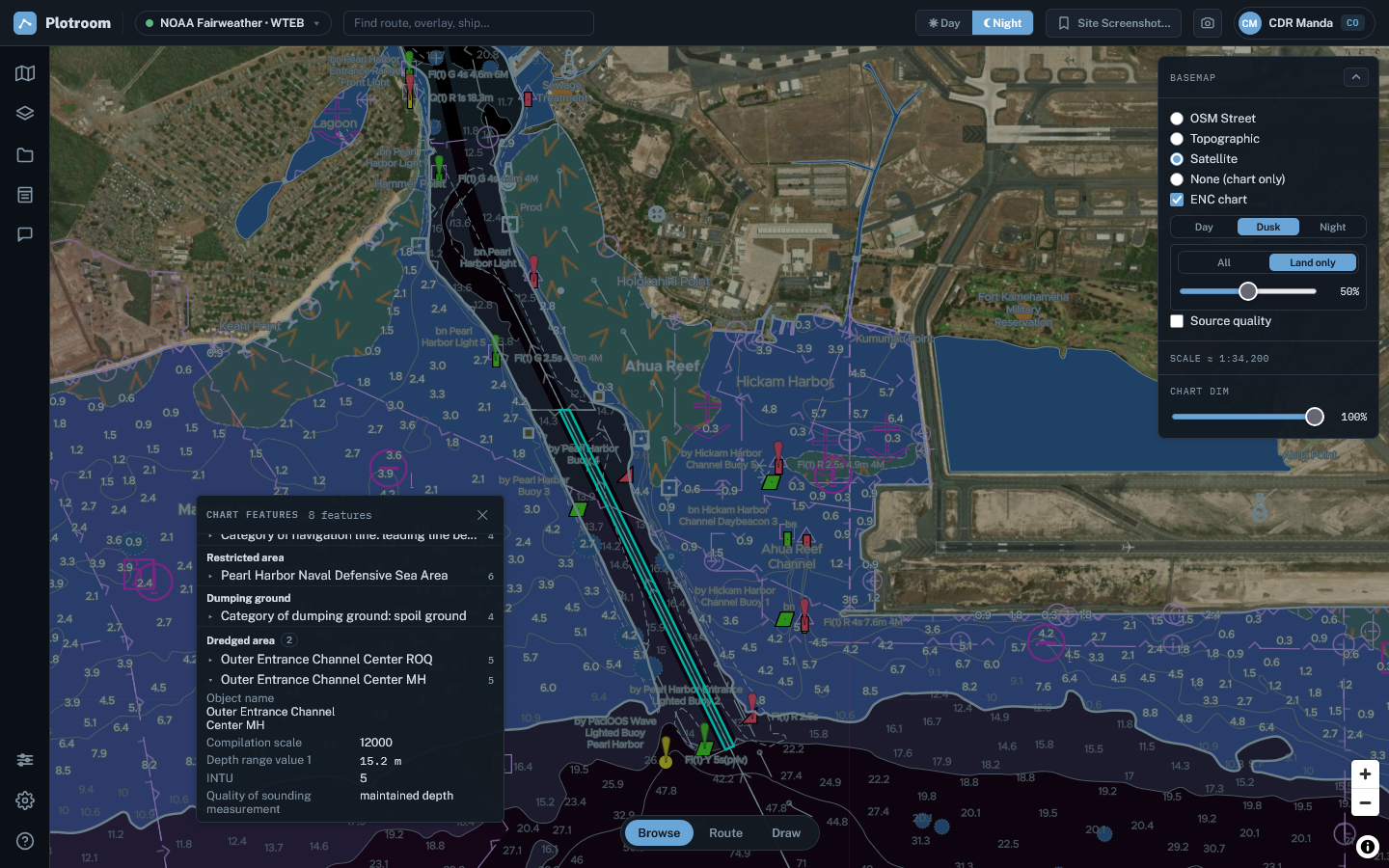 Plotroom showing detailed NOAA ENC chart presentation and Land only transparency at a coastal planning scale.