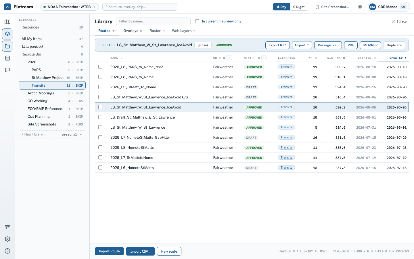 Plotroom's Library showing routes and supporting layer types organized in a ship or fleet collection.