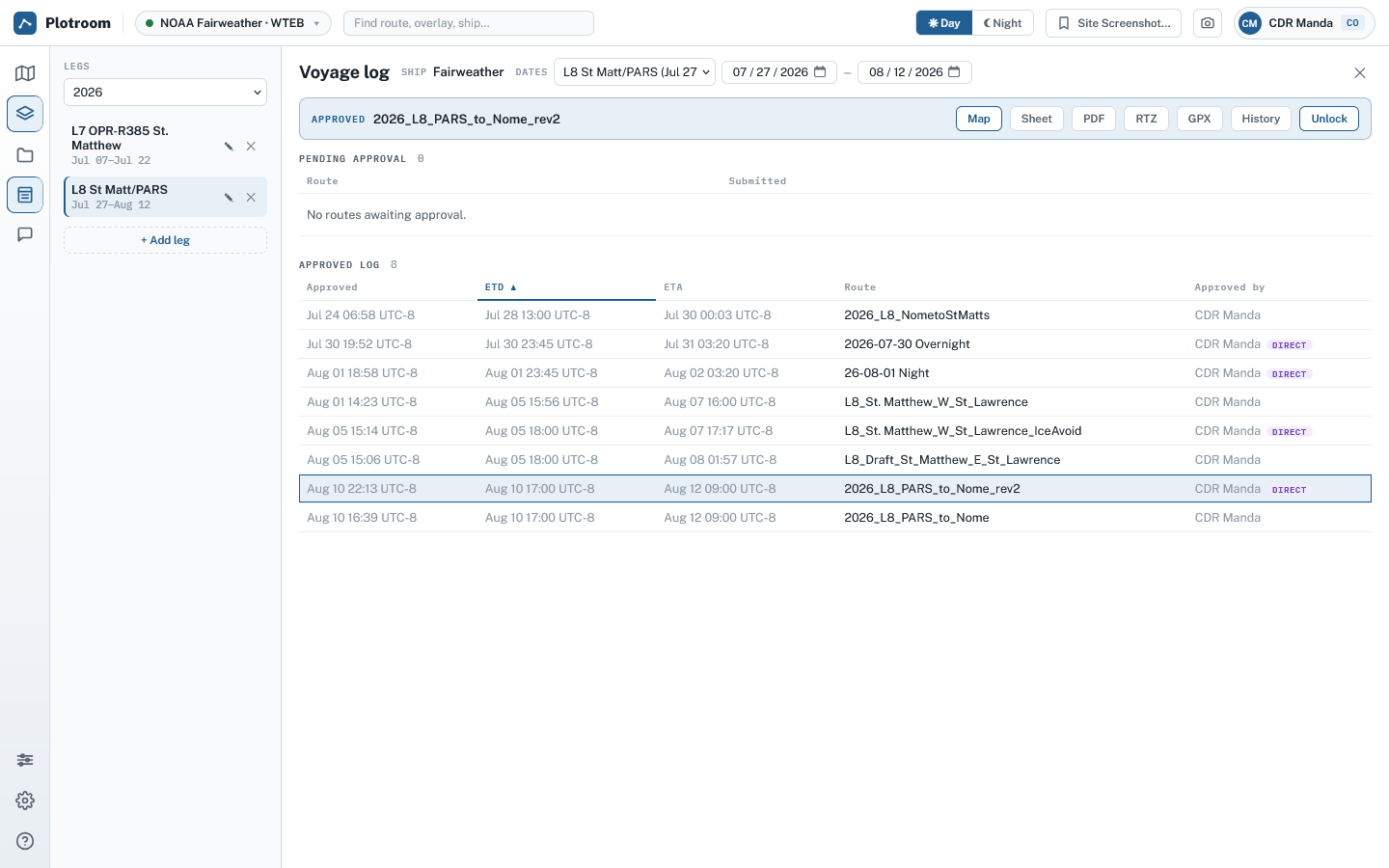 Plotroom's Voyage Log showing approved routes for a vessel with leg and export details.