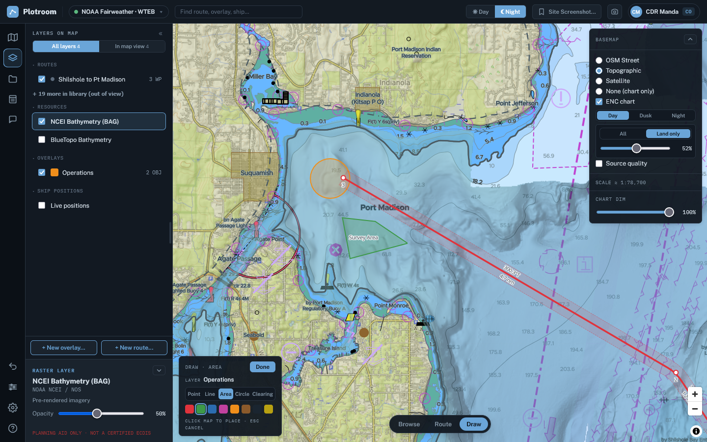 Plotroom showing a route, reference layer, operational overlay, and vessel positions together on the chart.