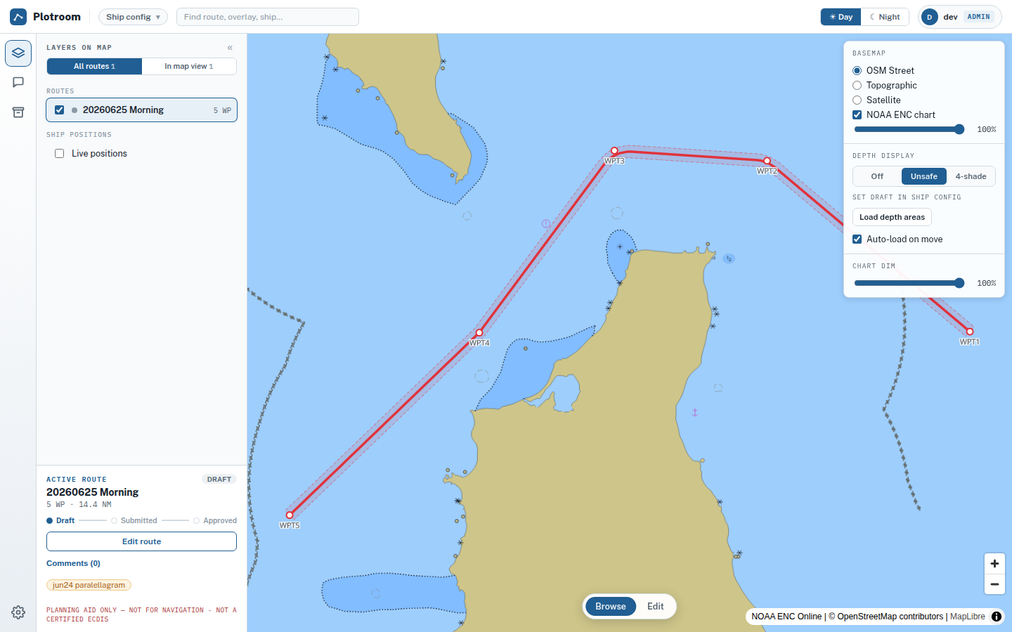 Plotroom showing a voyage route with its cross-track corridor and turn-radius fillets over a nautical chart.
