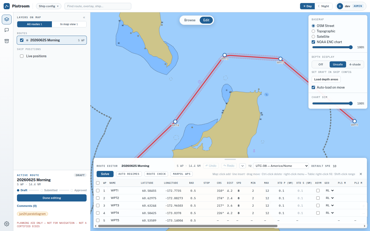 The route editor with a leg table of courses, distances, and speeds.
