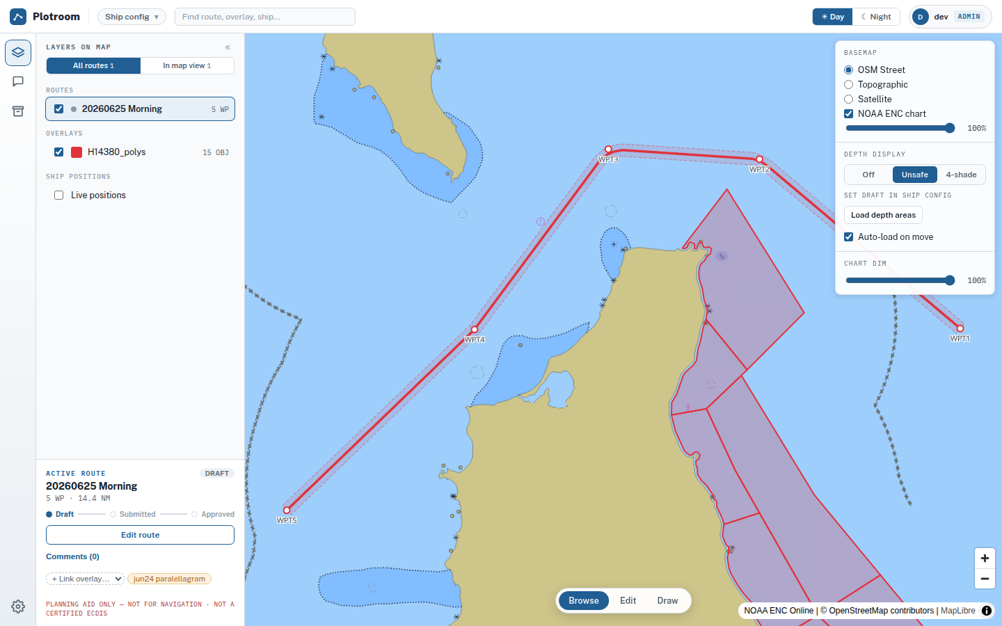Survey-area overlay polygons and custom objects shown with a route on the chart.