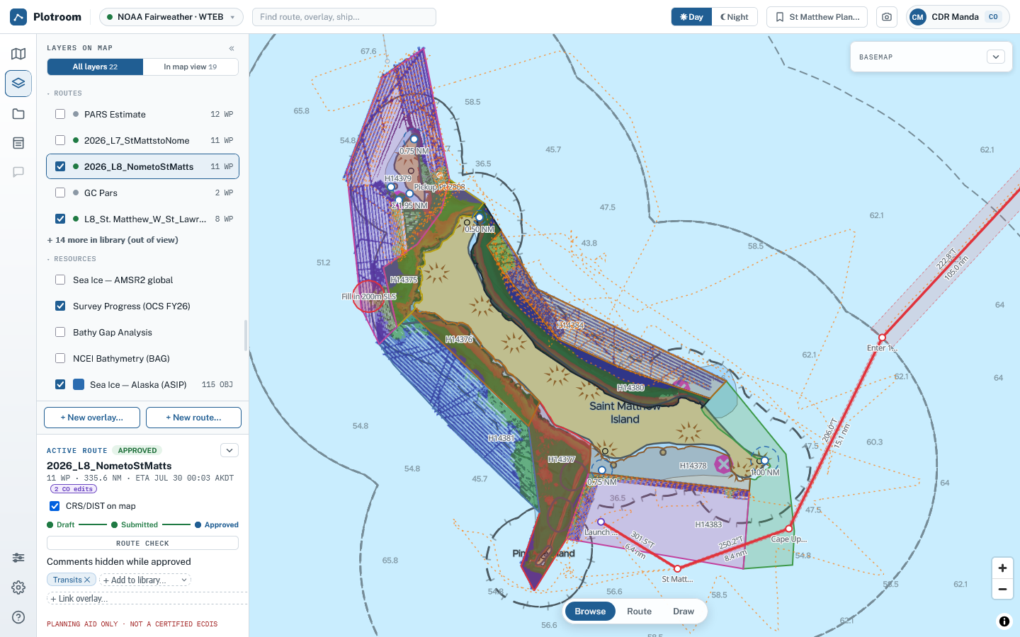 Plotroom in day mode showing a route, NOAA ENC depth information, reference layers, overlays, and the topographic basemap visible through charted land.