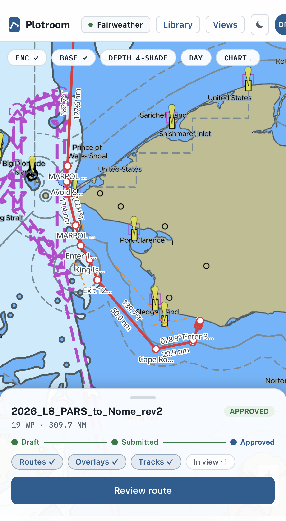 Plotroom's mobile chart layout with chart controls and route review sheet.