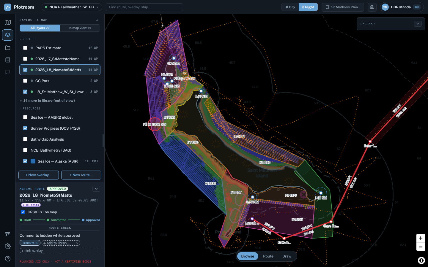 The same Plotroom planning view in night mode with the route and loaded layers clear over the dimmed ENC chart.